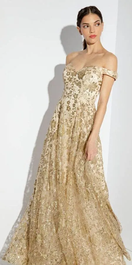 Eureka 9766 Long Off Shoulder A-Line Gown Glitter Print