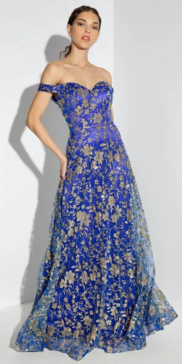 Eureka 9766 Long Off Shoulder A-Line Gown Glitter Print