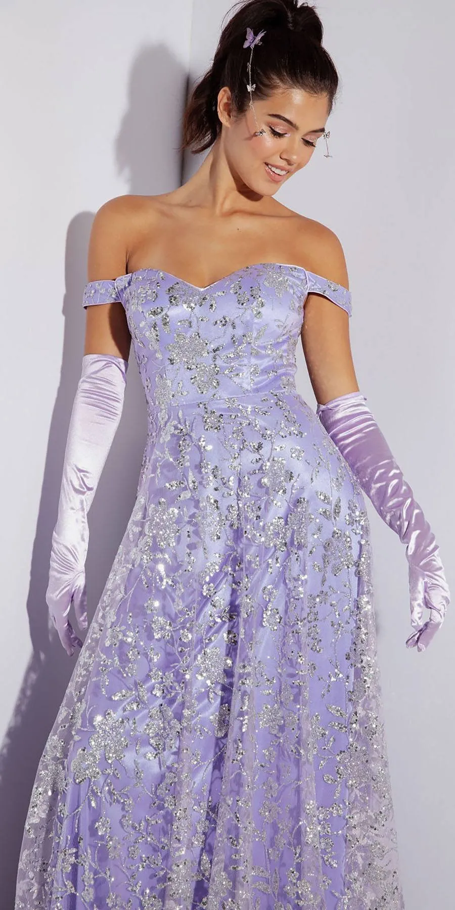 Eureka 9766 Long Off Shoulder A-Line Gown Glitter Print