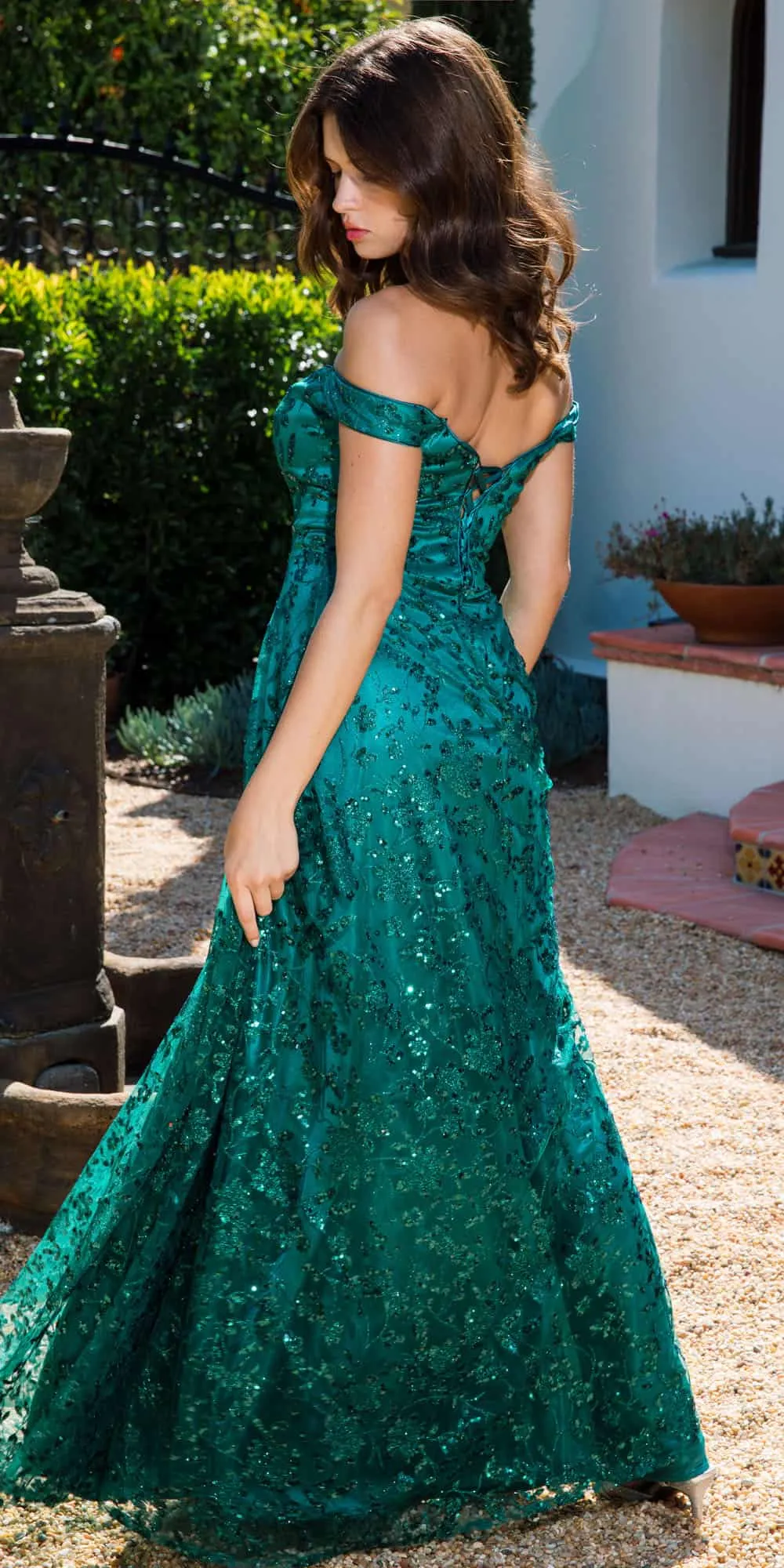 Eureka 9766 Long Off Shoulder A-Line Gown Glitter Print