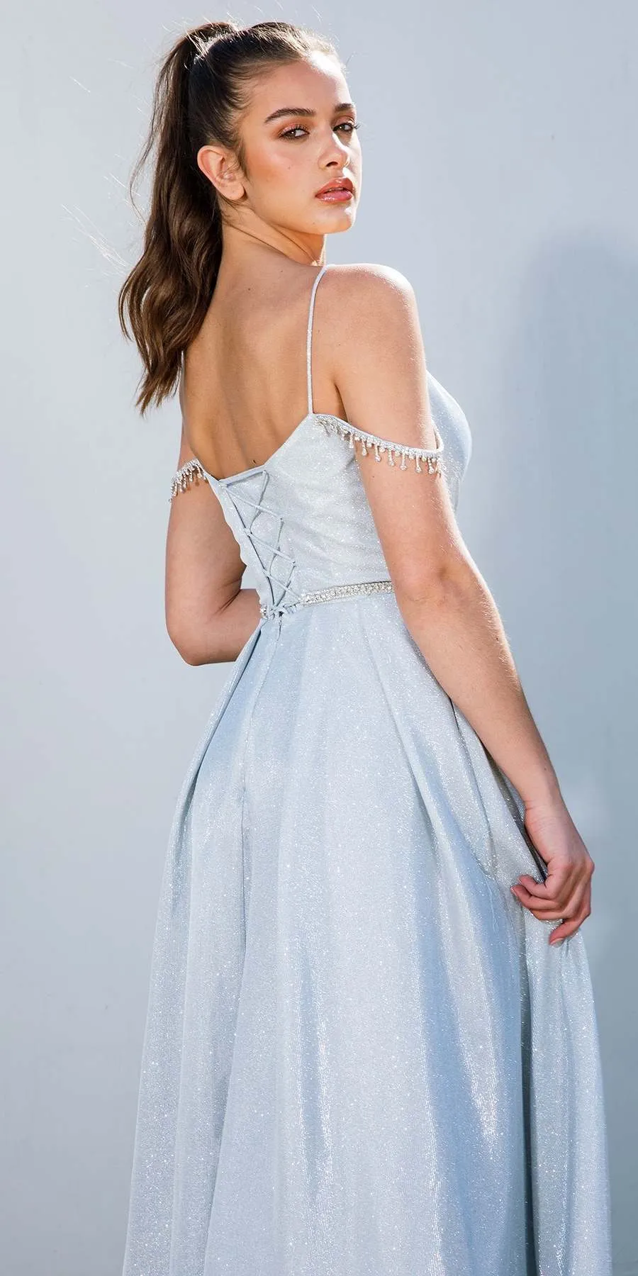 Eureka 9800 Long A-Line Shimmer Gown Off Shoulder