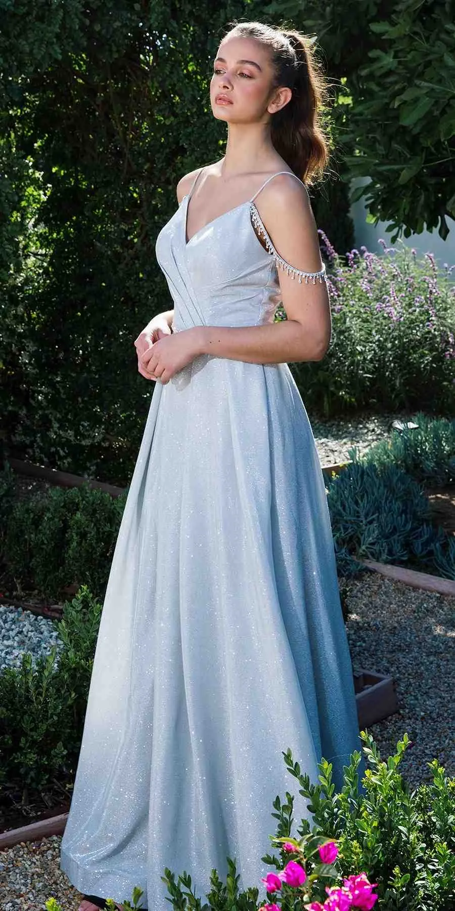 Eureka 9800 Long A-Line Shimmer Gown Off Shoulder