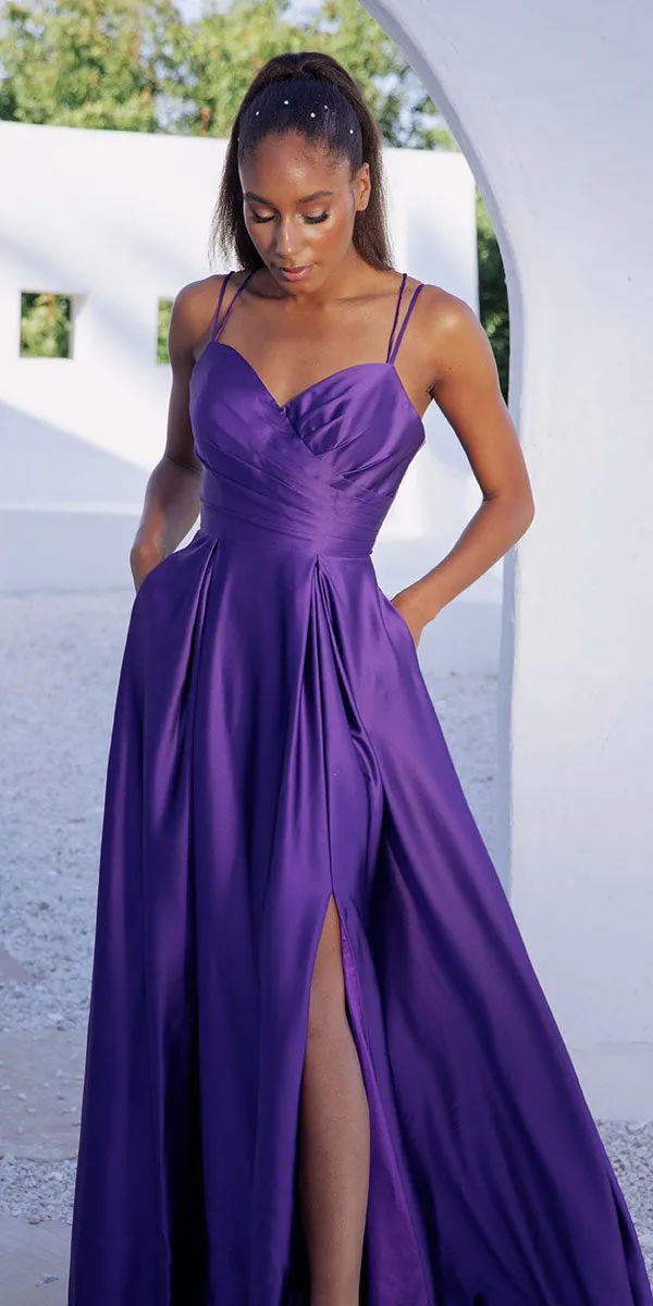 Eureka 9925 Floor Length Satin A-Line Dress with Pockets