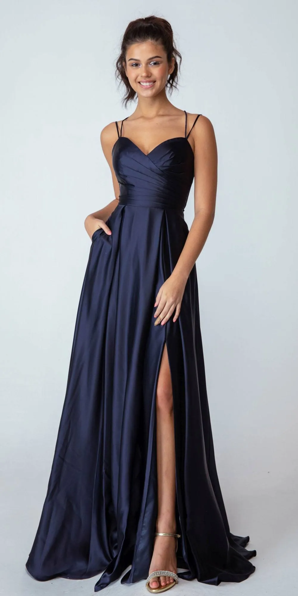 Eureka 9925 Floor Length Satin A-Line Dress with Pockets