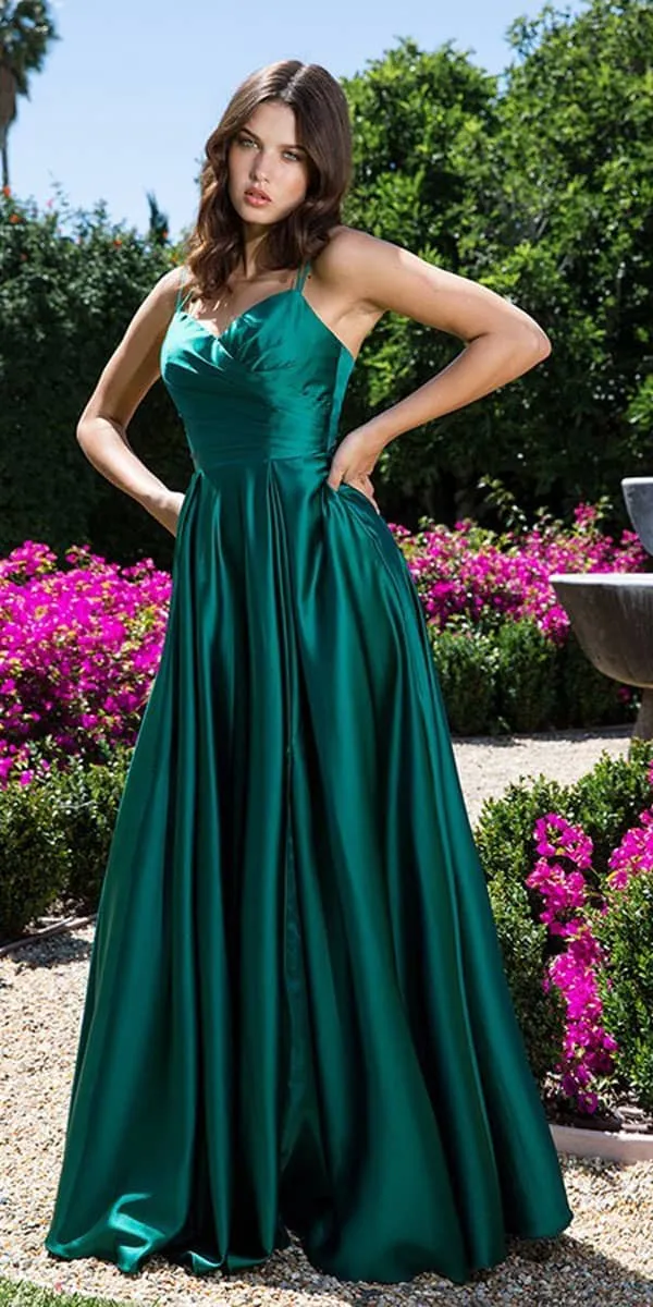 Eureka 9925 Floor Length Satin A-Line Dress with Pockets
