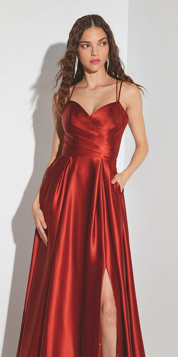 Eureka 9925 Floor Length Satin A-Line Dress with Pockets