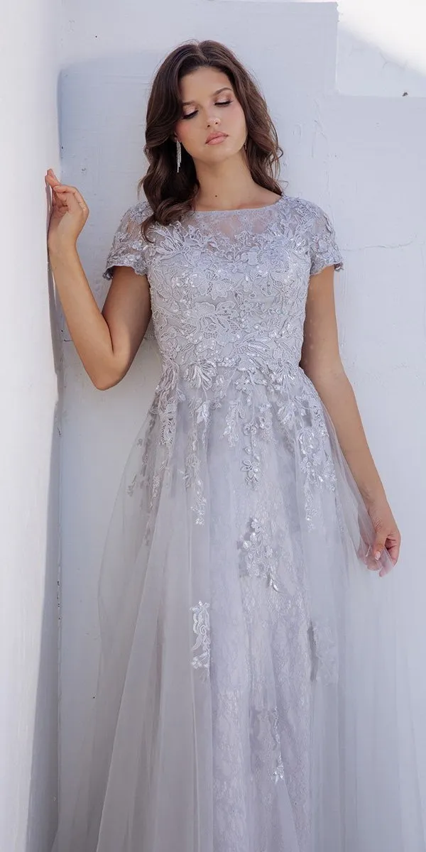 Eureka Fashion EK104 Long A-Line Short Sleeve Tulle Overlay Formal Gown