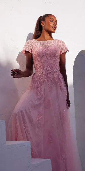 Eureka Fashion EK104 Long A-Line Short Sleeve Tulle Overlay Formal Gown