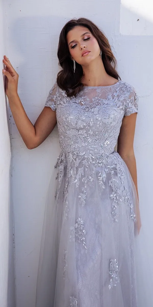 Eureka Fashion EK104 Long A-Line Short Sleeve Tulle Overlay Formal Gown