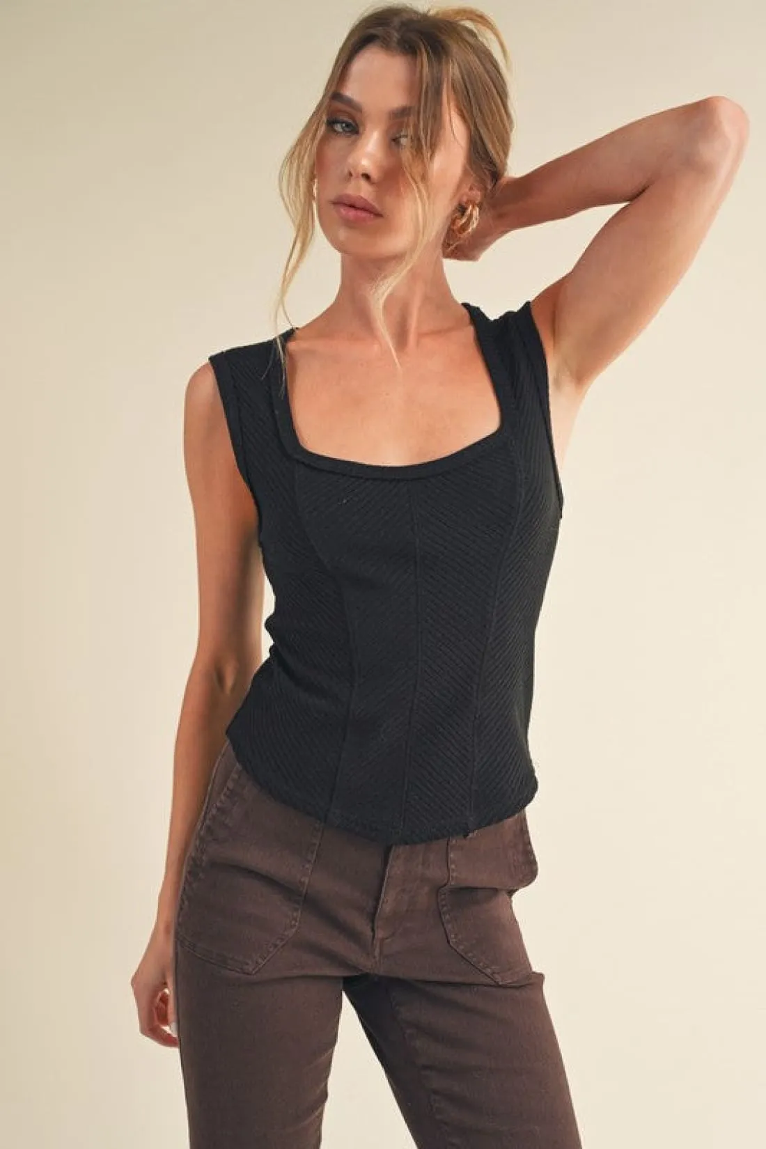 Exposed Seam Ribbed Wide Strap Tank in Black