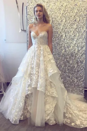 Fashion A-Line Sleeveless Sweetheart Tulle Lace Wedding Dresses OKF91