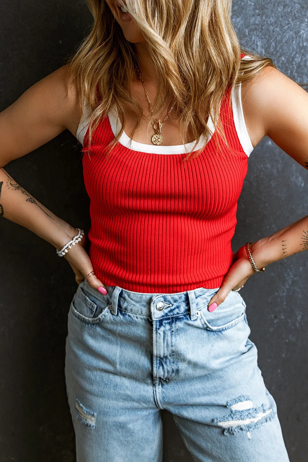 Fiery Red Colorblock Edge Ribbed Knit U Neck Tank Top