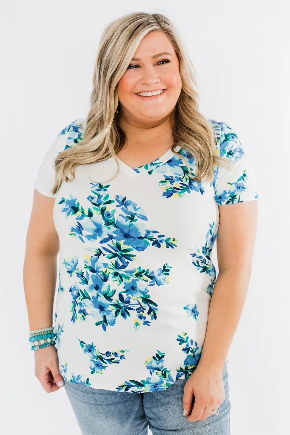 Floral Essence V-Neck Top- Ivory & Blue