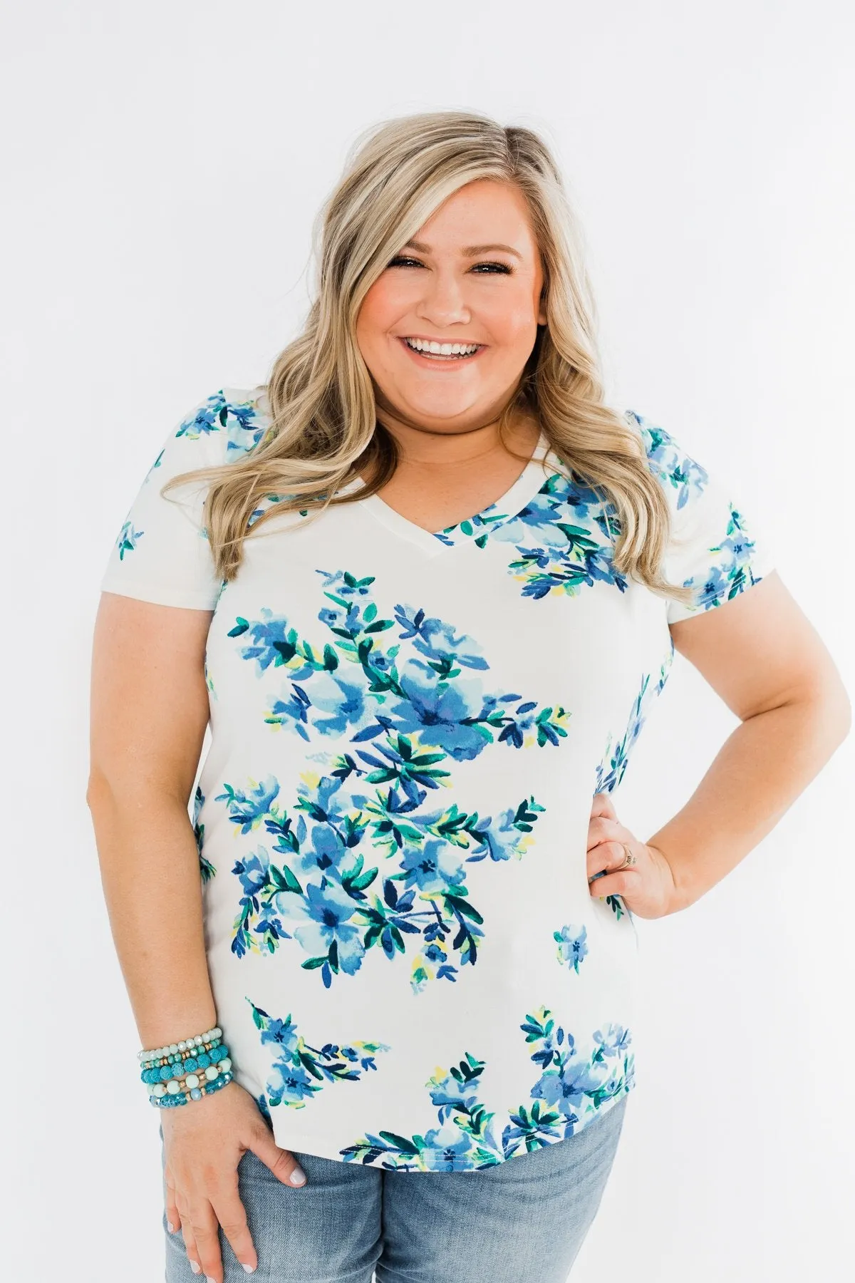 Floral Essence V-Neck Top- Ivory & Blue