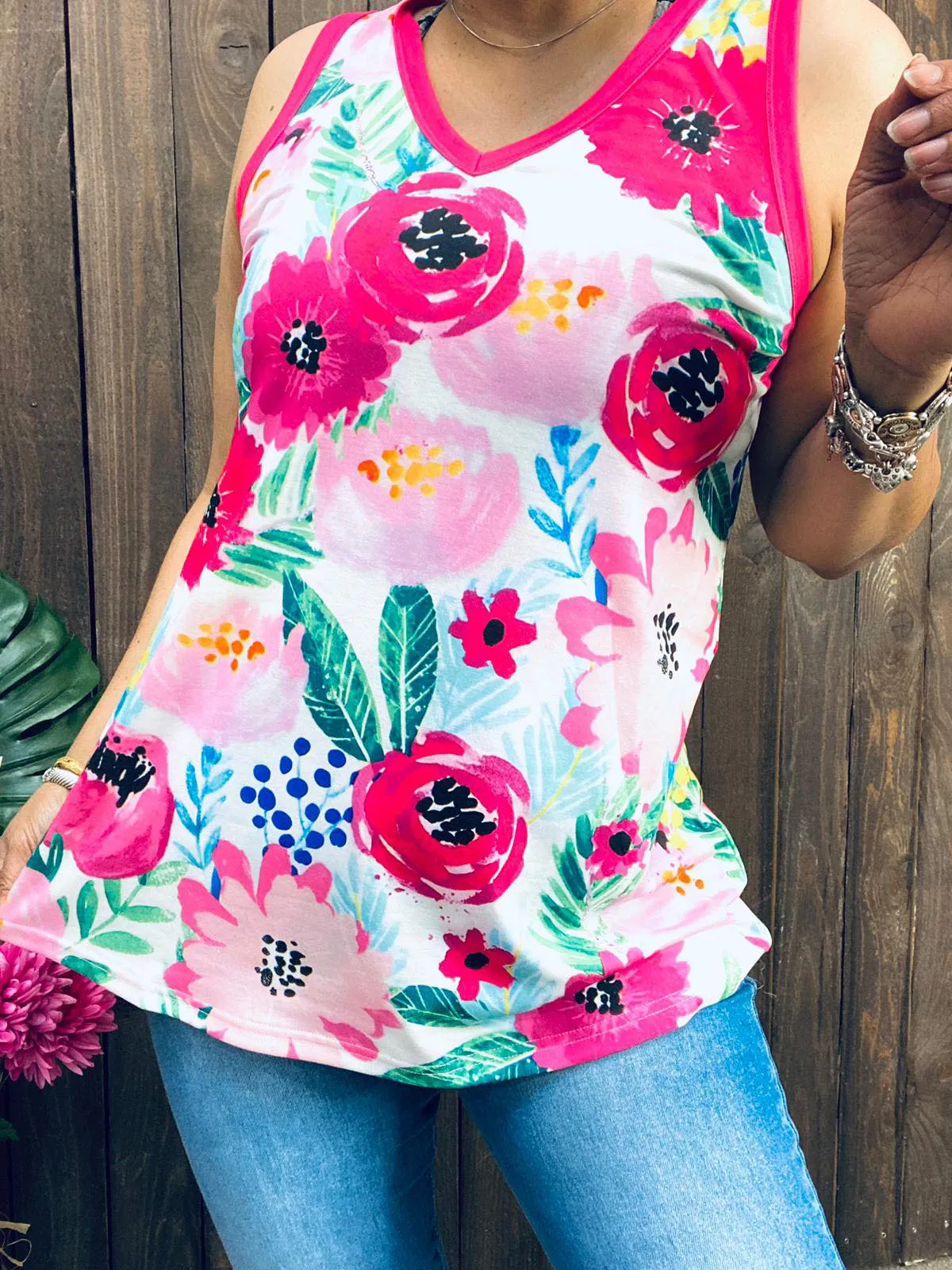 Floral tank top with pink trim