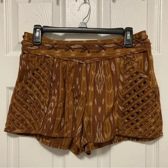 Free People New Romantics Brown Patola Ikat Print Lattice Cut Shorts