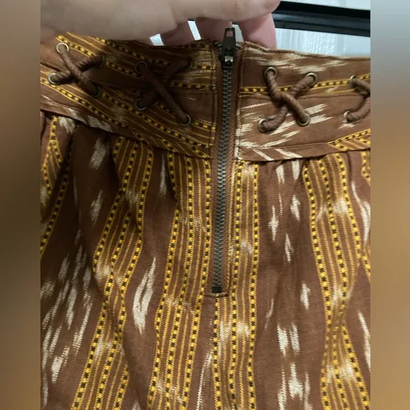 Free People New Romantics Brown Patola Ikat Print Lattice Cut Shorts