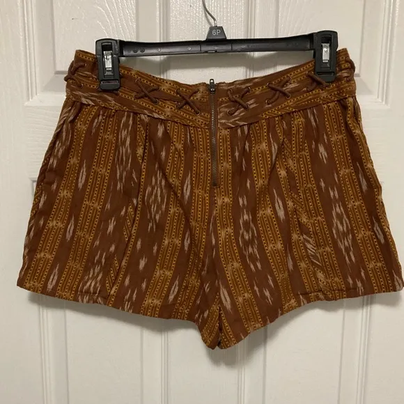 Free People New Romantics Brown Patola Ikat Print Lattice Cut Shorts