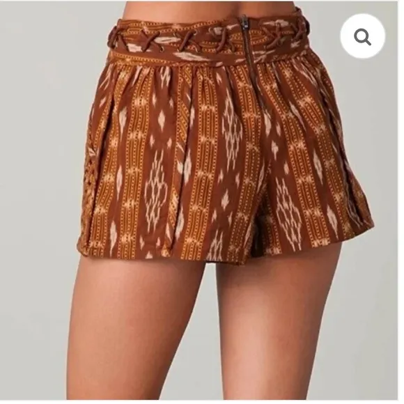 Free People New Romantics Brown Patola Ikat Print Lattice Cut Shorts