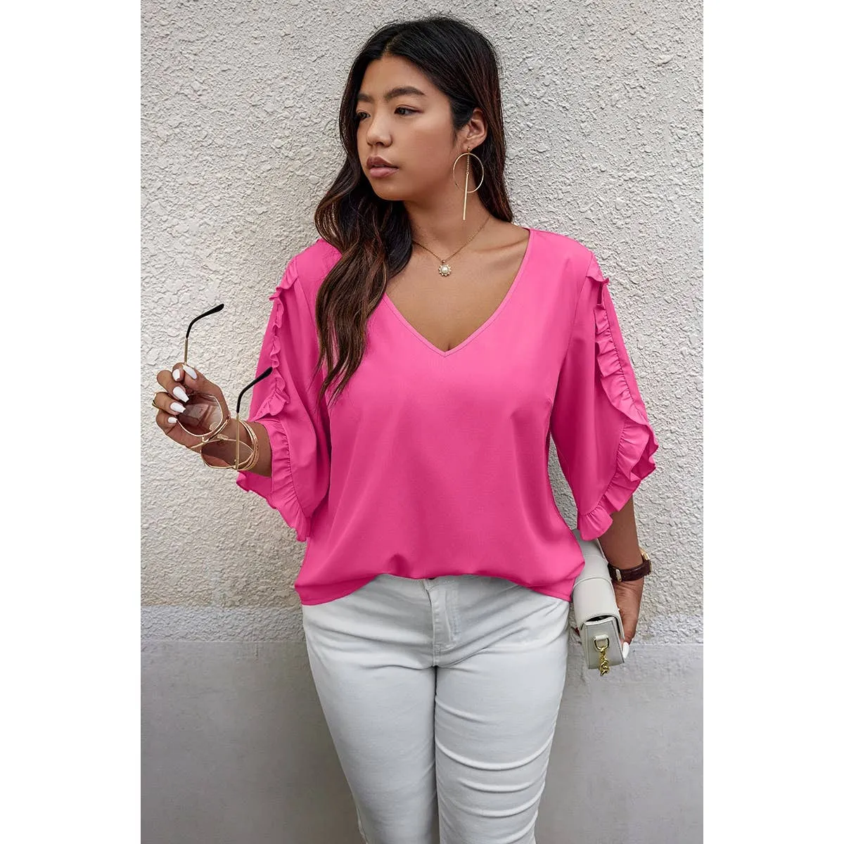 Fuchsia Solid Plus V Neck Ruffle Trim Petal Sleeve Blouse