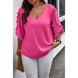 Fuchsia Solid Plus V Neck Ruffle Trim Petal Sleeve Blouse