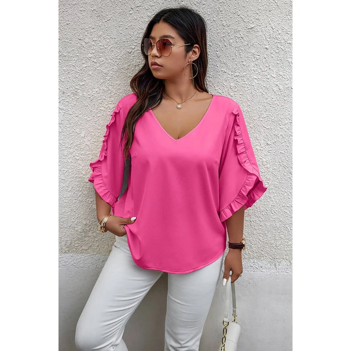 Fuchsia Solid Plus V Neck Ruffle Trim Petal Sleeve Blouse