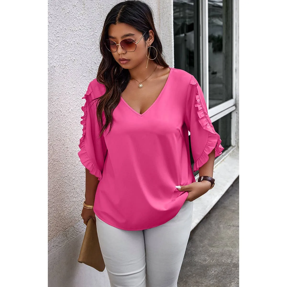 Fuchsia Solid Plus V Neck Ruffle Trim Petal Sleeve Blouse