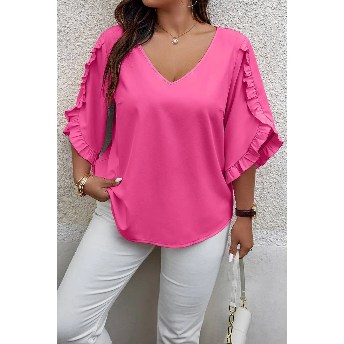 Fuchsia Solid Plus V Neck Ruffle Trim Petal Sleeve Blouse