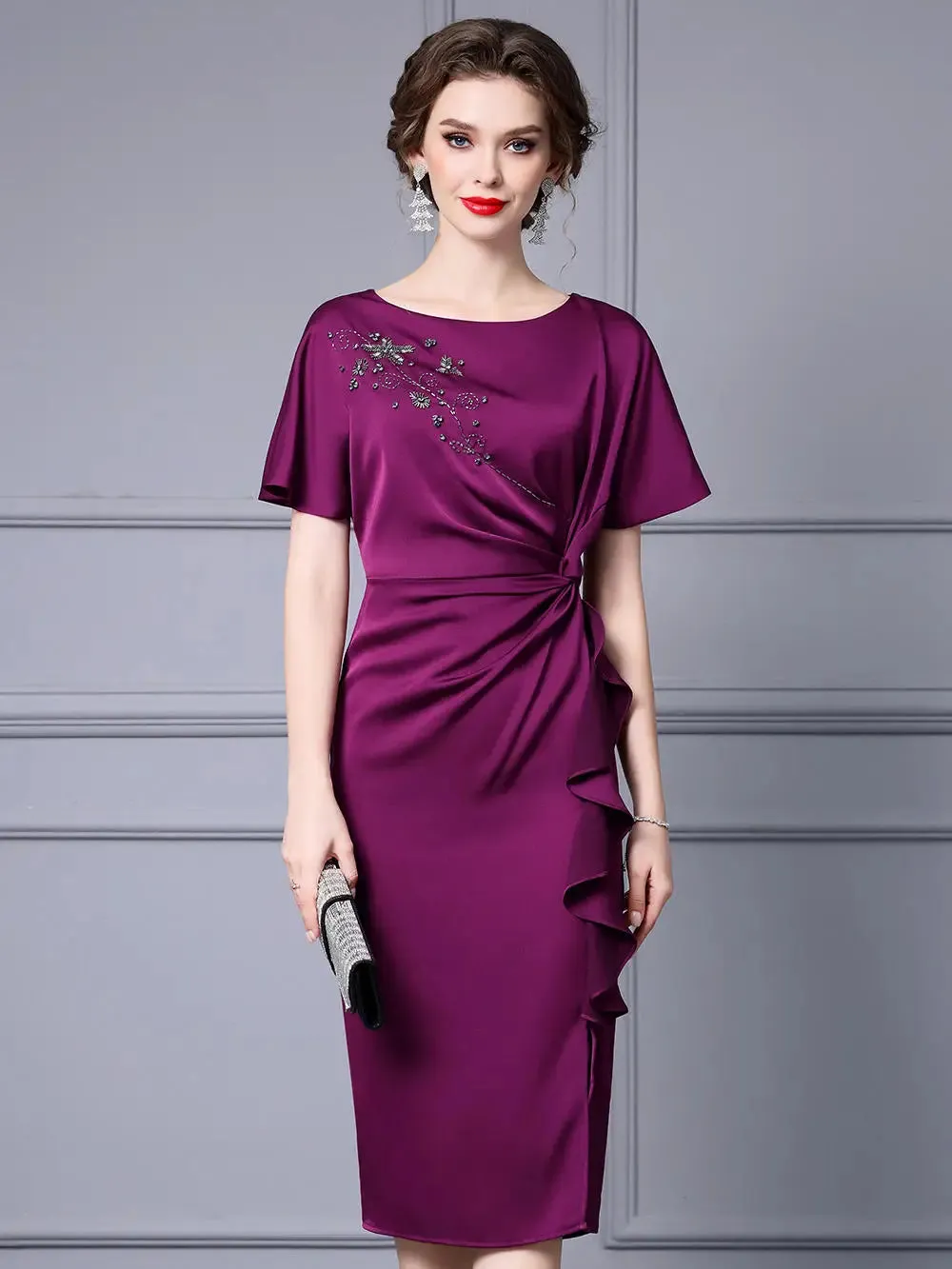 Gemma  O-Neck Short Sleeve Beading Ruffles Elegant Party Dress