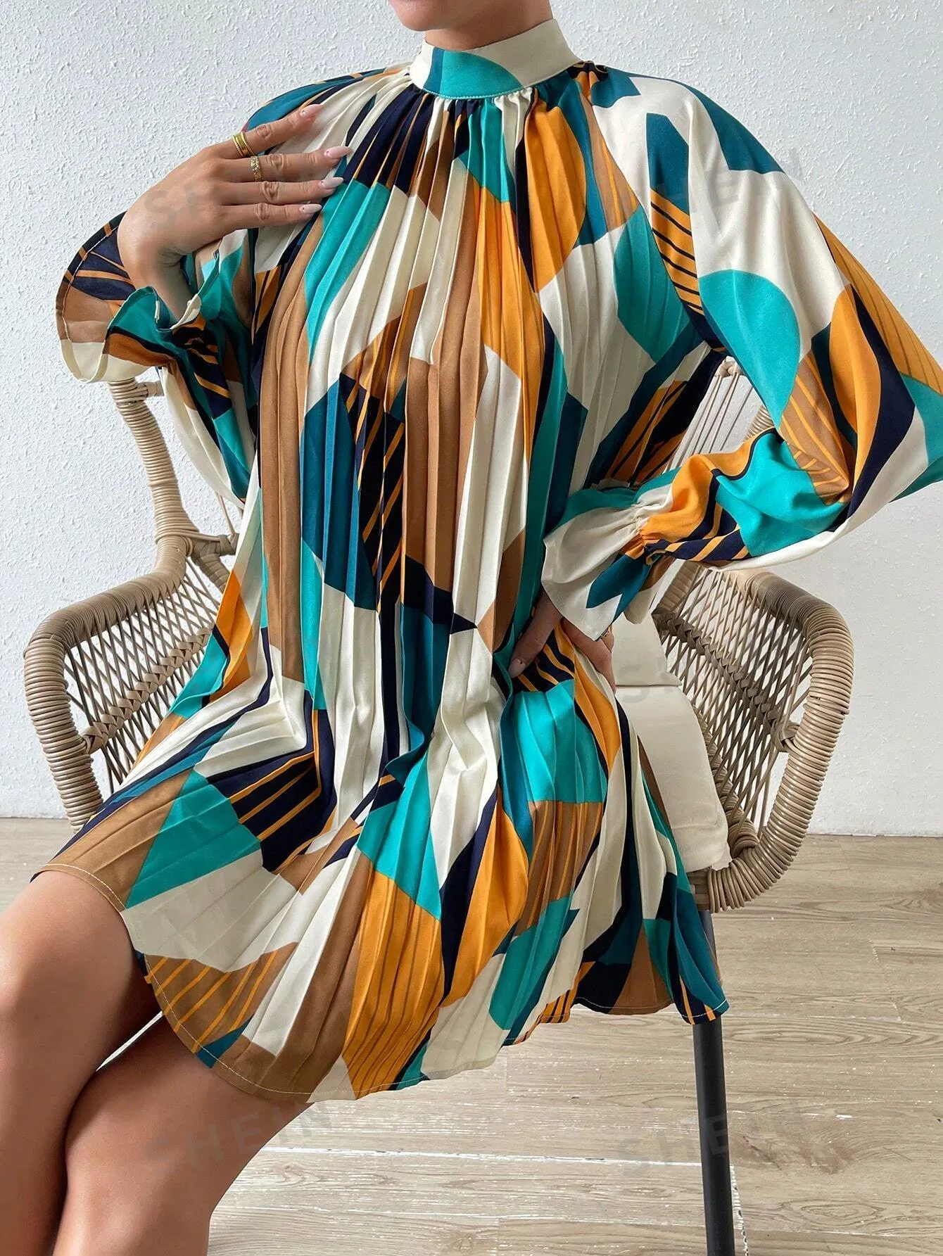 Geo Print Flare Sleeve Pleated Detail Mock Neck Dress
