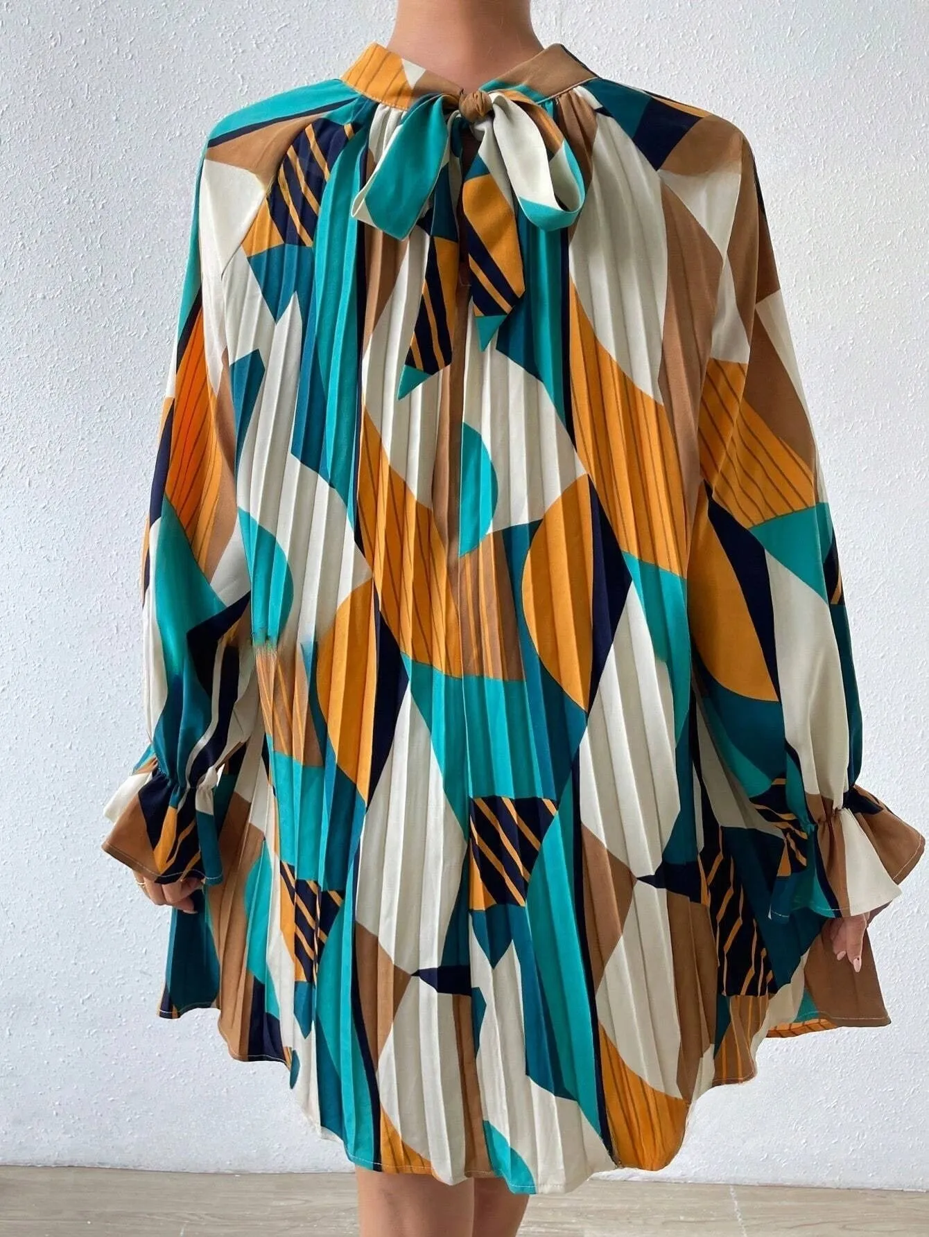 Geo Print Flare Sleeve Pleated Detail Mock Neck Dress