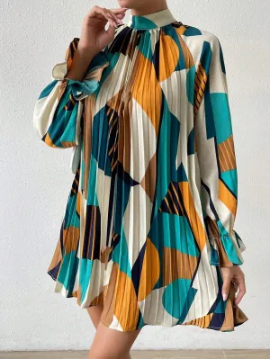 Geo Print Flare Sleeve Pleated Detail Mock Neck Dress