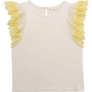 Girls White & Yellow Embroidered Frill Top