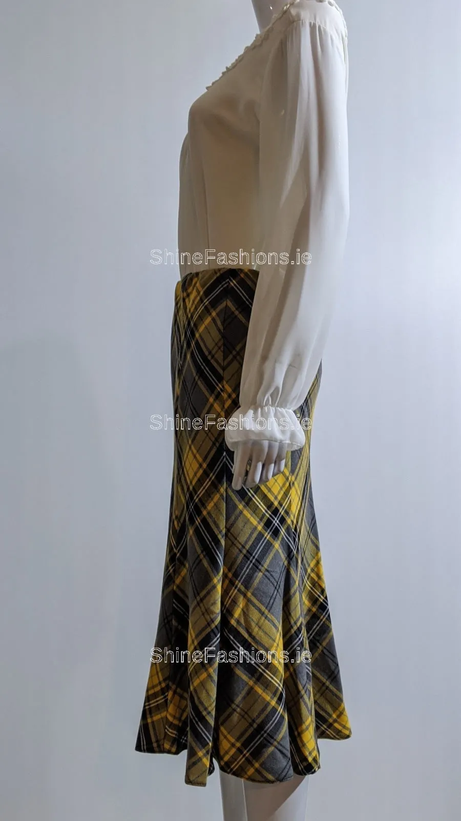 Grey & Yellow Elasticated Lined A-Line Checked Tartan Skirt