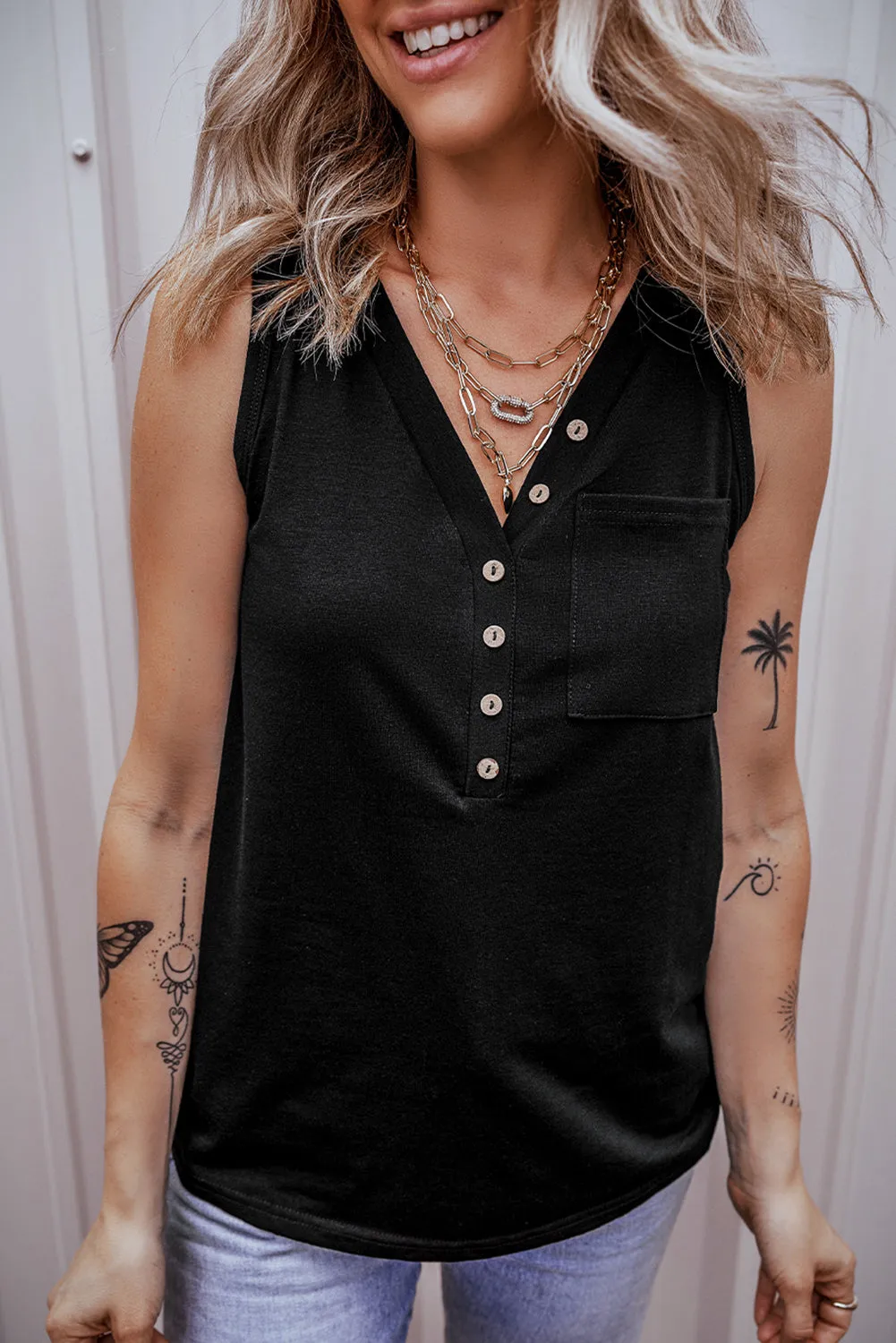 Half Button Patched Pocket Tank Top