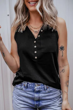Half Button Patched Pocket Tank Top