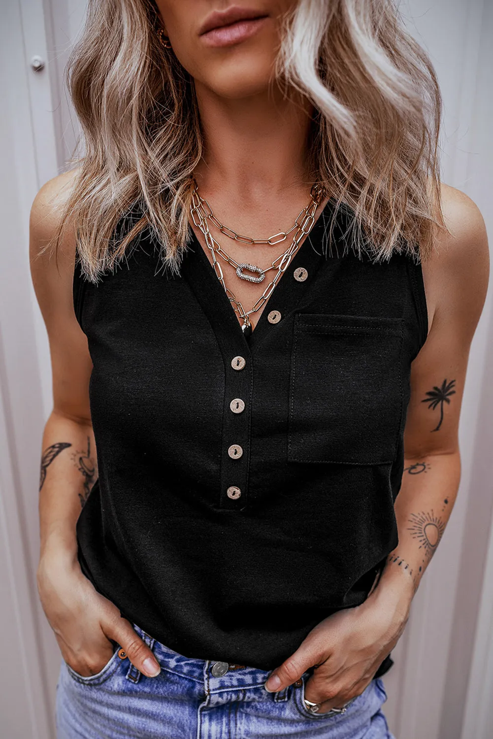 Half Button Patched Pocket Tank Top