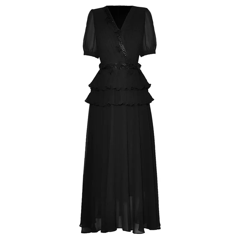 Halimah  V-Neck Short Sleeves Beading Ruffles Black Vintage Party Dress