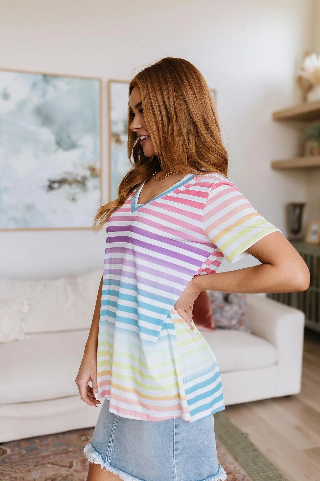 Hazel Blues® |  Looking for Rainbows V-Neck Striped Top