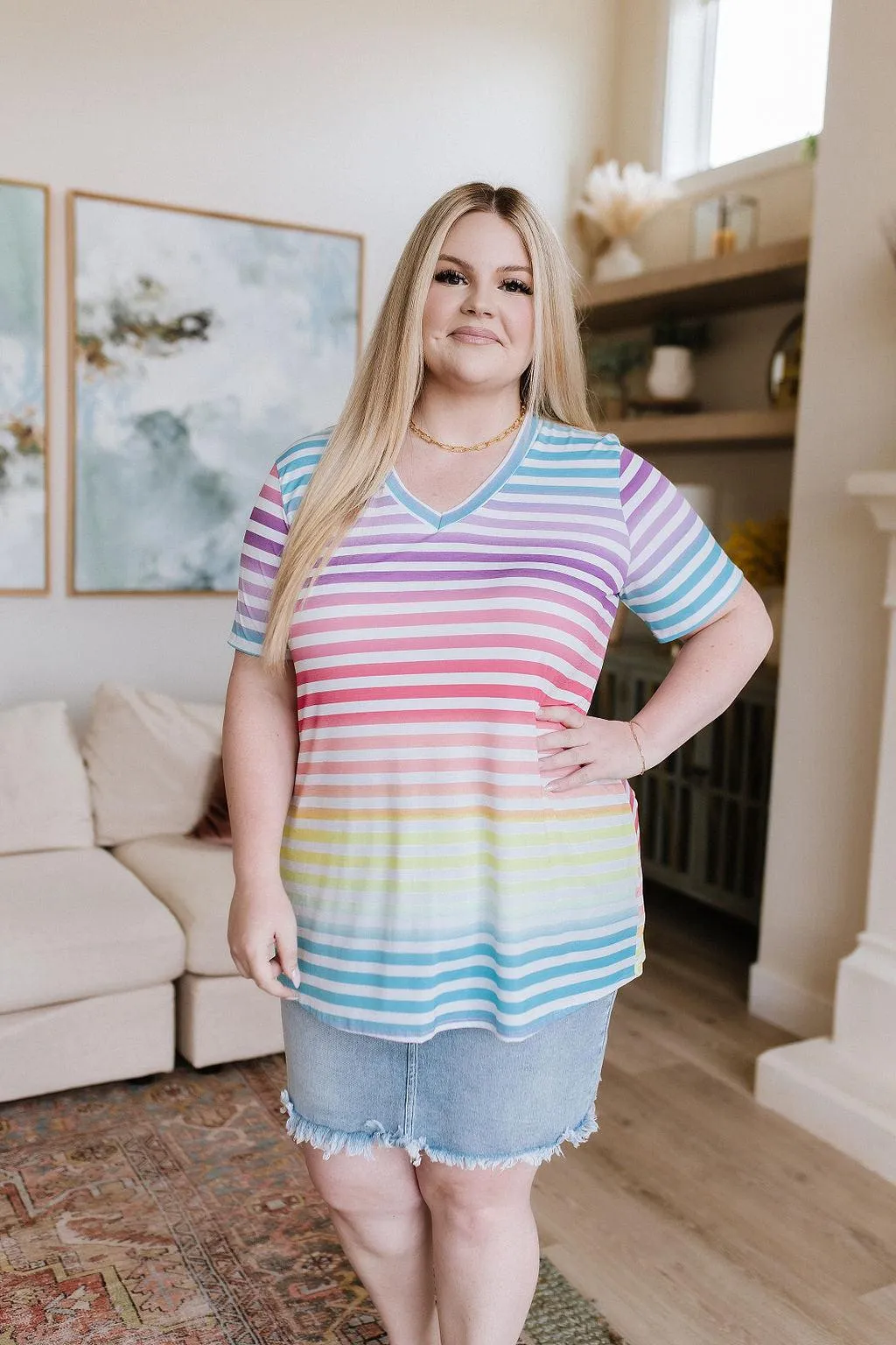Hazel Blues® |  Looking for Rainbows V-Neck Striped Top