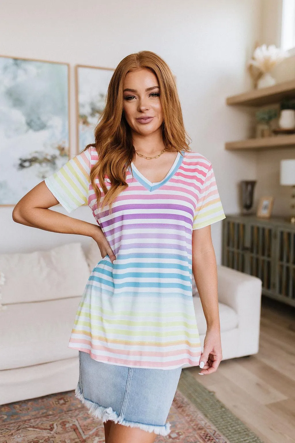 Hazel Blues® |  Looking for Rainbows V-Neck Striped Top