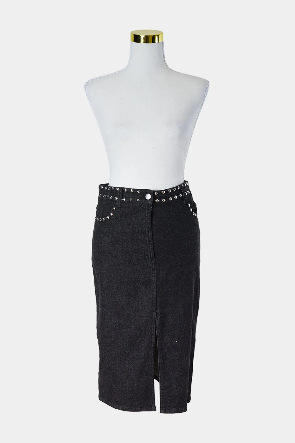 HD Dark Wash Navy Denim Look Studded Pencil Skirt