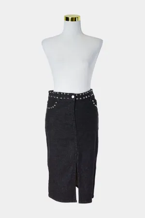 HD Dark Wash Navy Denim Look Studded Pencil Skirt