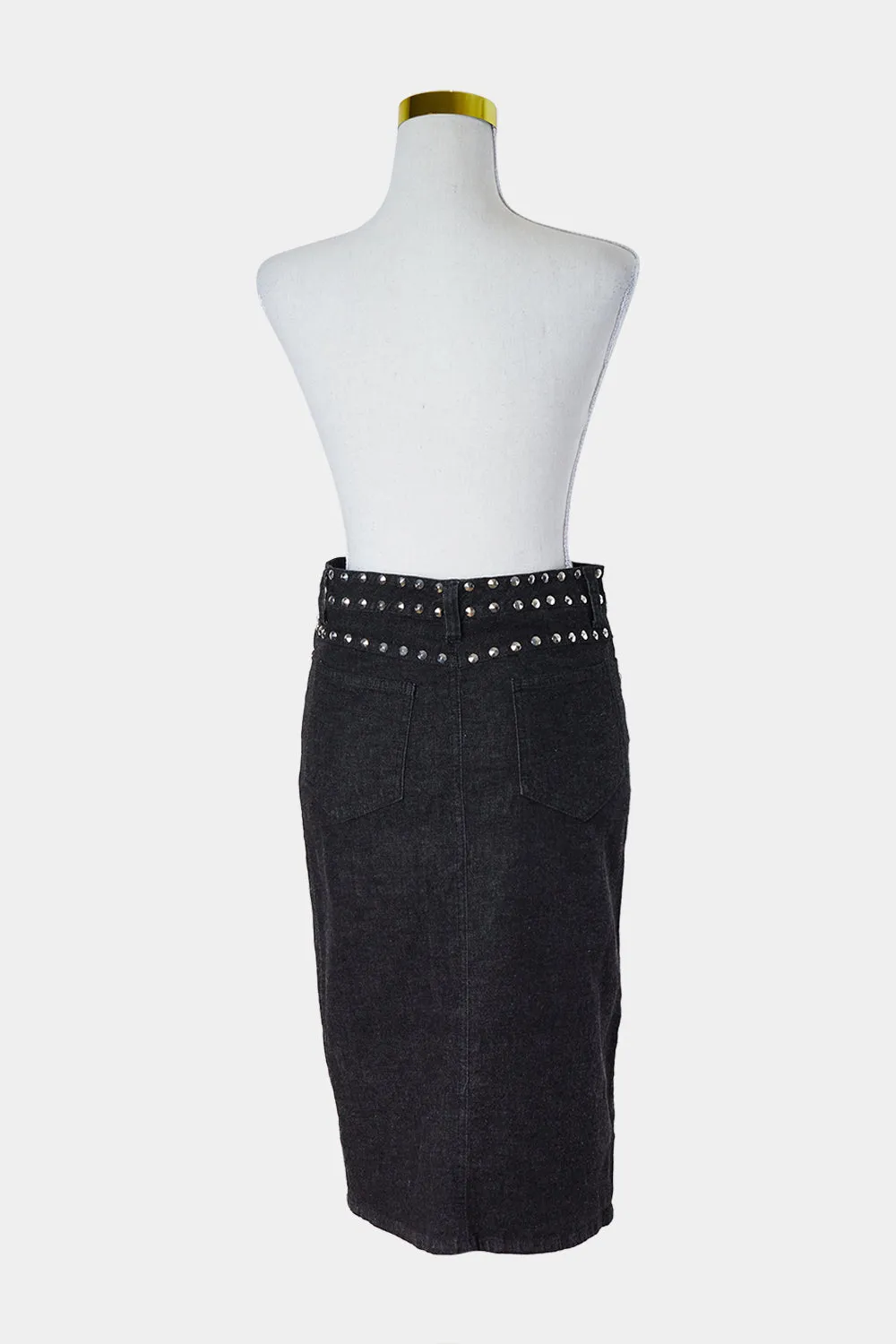 HD Dark Wash Navy Denim Look Studded Pencil Skirt