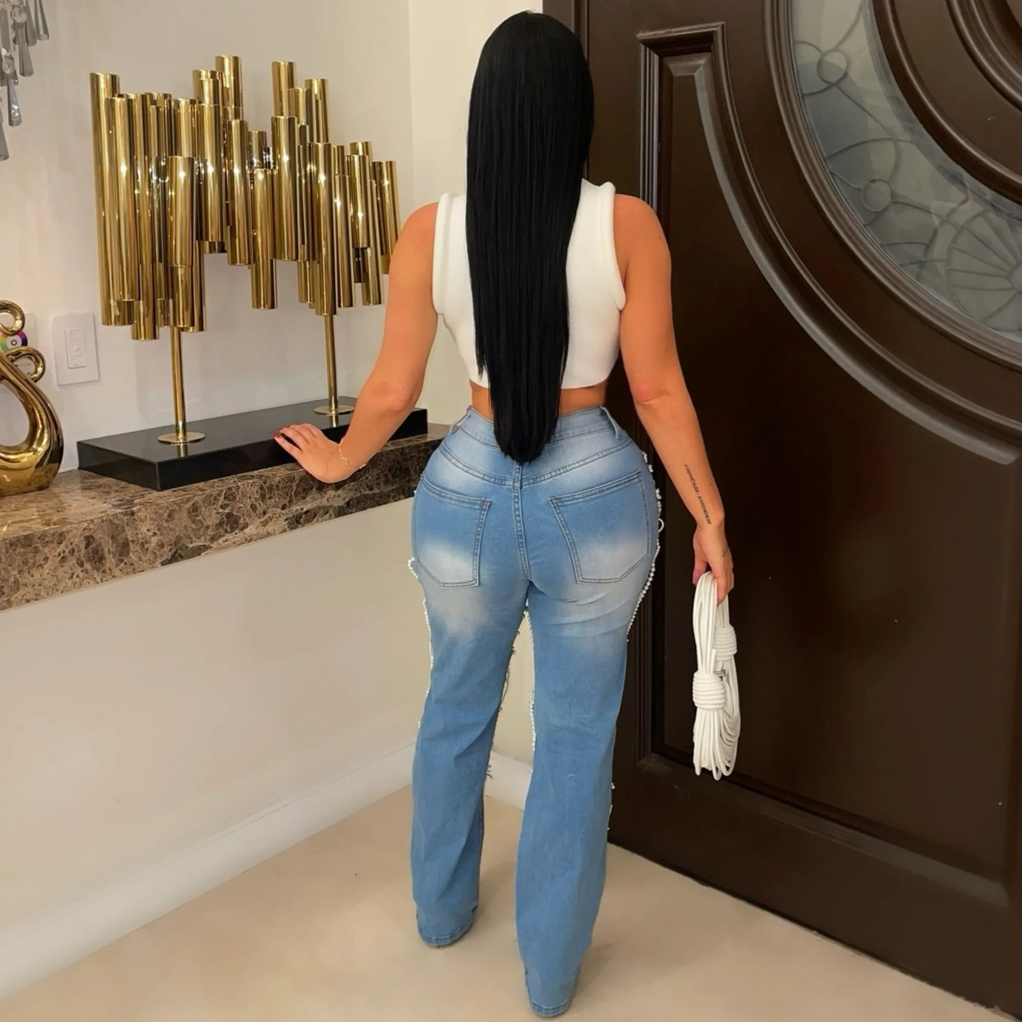 HDP32564MEP - PEARL DETAIL RHINESTONE DENIM PANTS