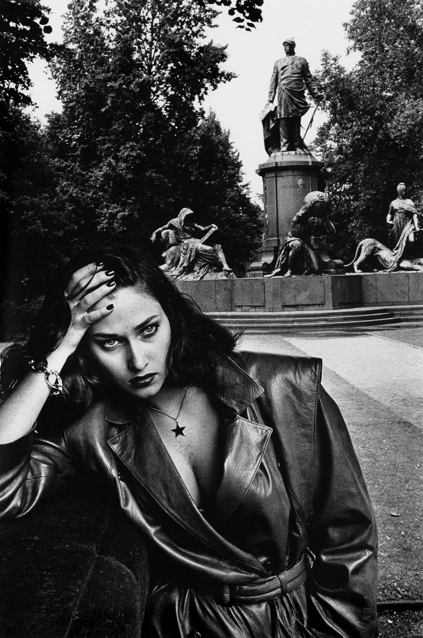 HELMUT NEWTON, "YOUNG WOMAN AND BISMARCK MONUMENT, BERLIN", 1979