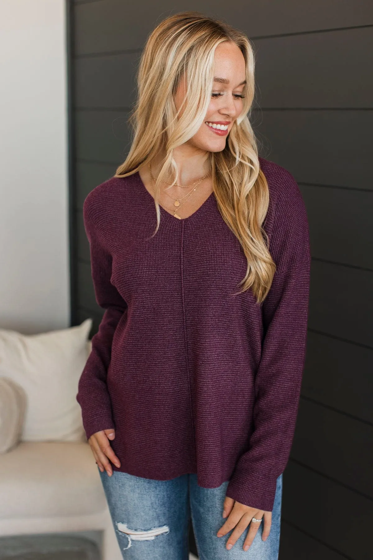 Here Together V-Neck Sweater- Dark Plum