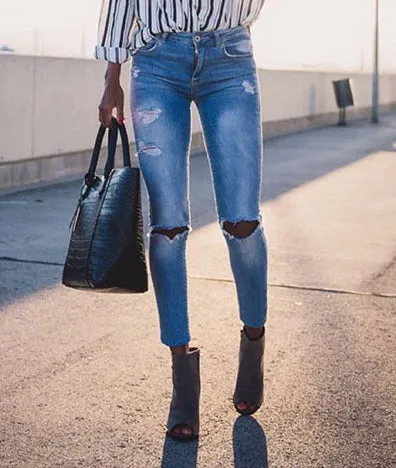 High Waist Slim Stretch Washed Irregular Denim Pants