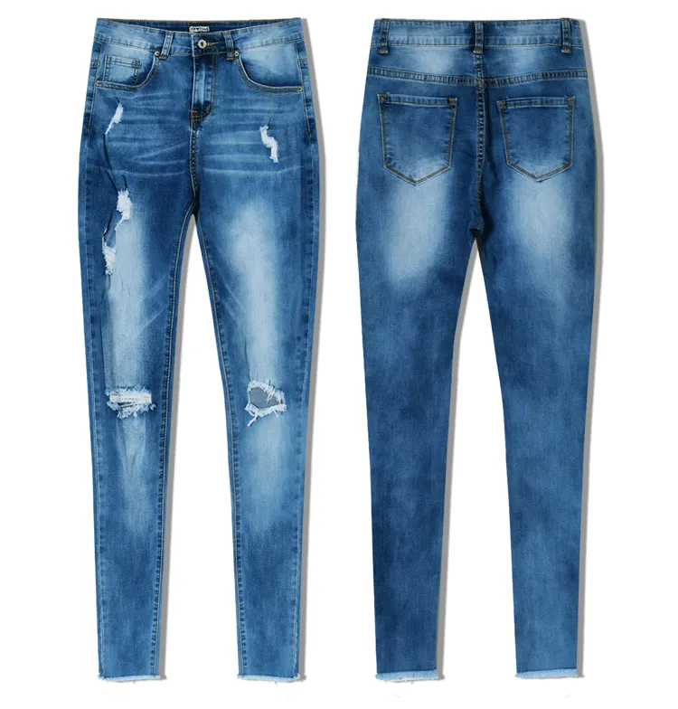 High Waist Slim Stretch Washed Irregular Denim Pants