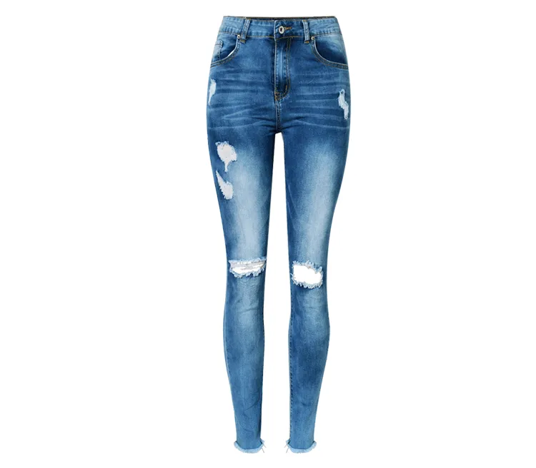 High Waist Slim Stretch Washed Irregular Denim Pants